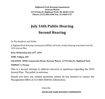 Highland Park Housing Commission : July 16th Public Hearing