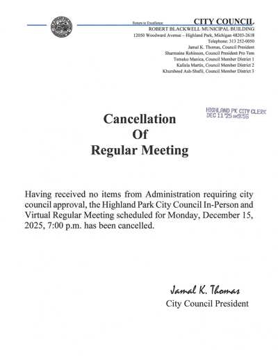 December 15, 2025 Regular Council Meeting CANCELLED
