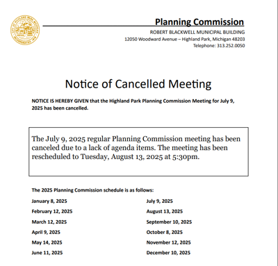 7/9/25 - Planning Commission Meeting Canceled