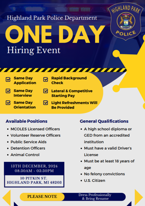 Highland Park Police Department: One Day Hiring Event