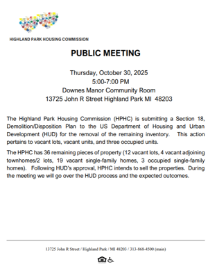Highland Park Housing Commission Public Meeting: October 30th