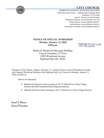Notice of Special Workshop: Monday, January 12, 2026