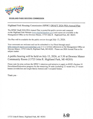 Highland Park Housing Commission (HPHC) Draft 2026 PHA Annual Plan