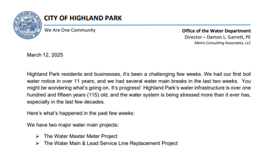 Water Department: Letter to Highland Park Residents