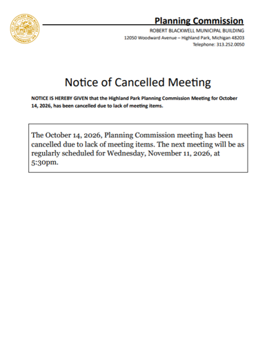 Highland Park Planning Commission Meeting Cancelled for October 15, 2026
